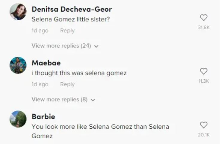 TikTok comments Selena Gomez lookalike. TIKTOK: BABYWIERING

